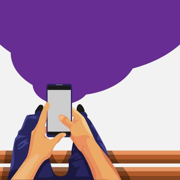 A graphic illustration showing a hand holding a smartphone displaying a fake SMS message pretending to be from the Banco del Bienestar, asking for personal information. The message contains spelling errors and a suspicious link.