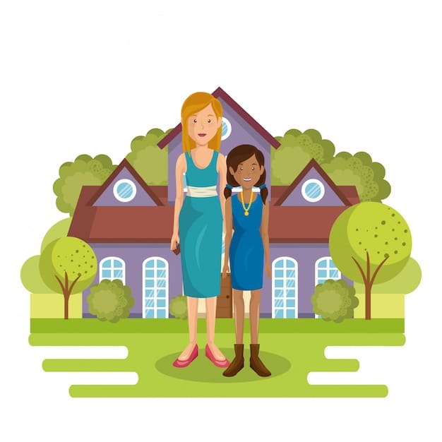 A single mother smiling proudly as she stands in front of her new, modest but well-maintained house, holding her child's hand.