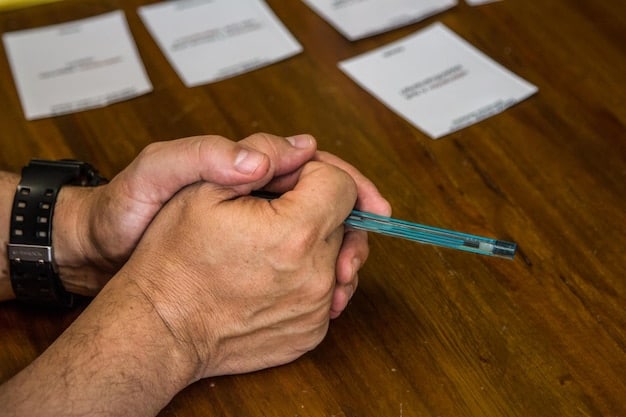 A close-up shot of the hands of a Mexican entrepreneur filling out a Microcréditos para el Bienestar application form. The focus is on the pen and the form, with the background slightly blurred to show a busy but supportive office environment.