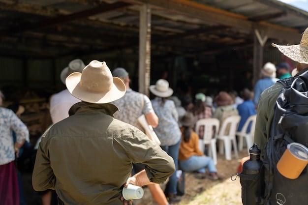 A medium shot photograph illustrating a community outreach event in a rural Mexican village. Government officials are present, interacting with local residents and explaining the benefits of social programs available to them. A banner displaying the name of a social program should be visible in the background.