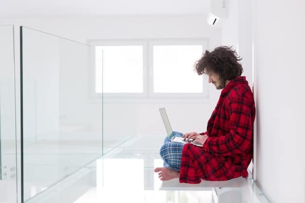 A person using a laptop in a brightly lit room with a window, searching on a government website for information about social programs. The laptop screen displays a search result for obtaining a beneficiary certificate.
