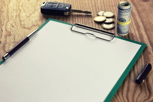 A close-up of a contract being signed with a pen, with car keys and a calculator subtly placed in the background. The contract has Spanish text.