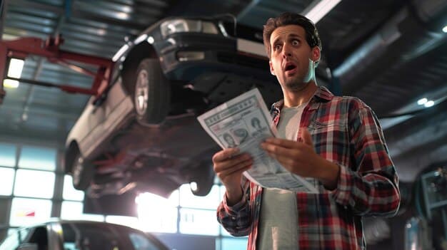 A person looking worried while holding a car repair bill, with a partially disassembled engine visible in the background. The bill has prices listed in Mexican pesos.