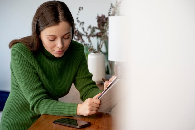 A woman looking at a credit score report on a tablet with a calculator, pen, and financial documents on the table. The woman is looking concerned.