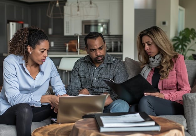 A diverse group of people sitting around a table, reviewing documents related to a mortgage application. The scene suggests collaboration and professional guidance in the home-buying process.