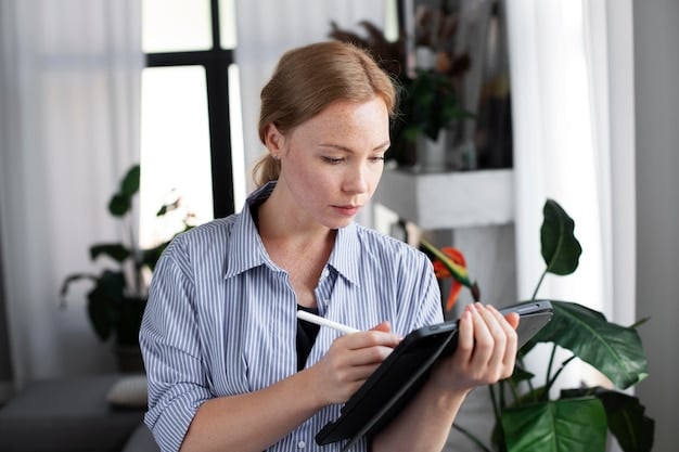 A person reviewing a credit report on a tablet, with a calculator and pen beside it, suggesting financial planning.