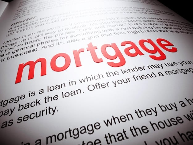 A close-up of a mortgage contract with fine print highlighting interest rates and terms.