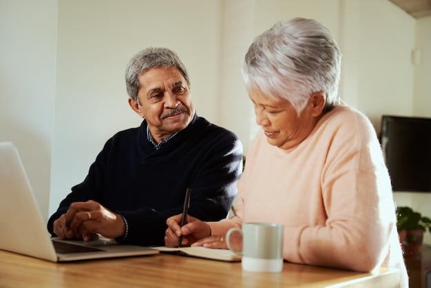 An image showing a senior Mexican couple happily reviewing their retirement plan documents with a financial advisor in a modern office.