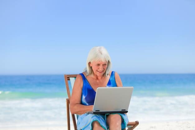 A person happily retired, sitting on a beach with a laptop, suggesting financial freedom and the ability to work remotely during retirement. The image should convey a sense of relaxation and independence.