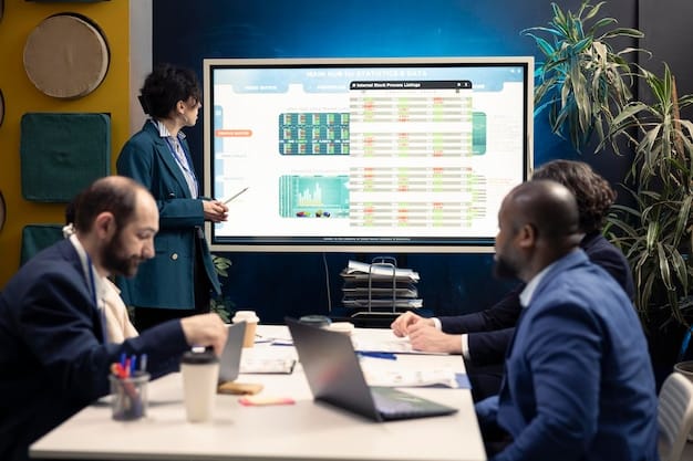 A brightly lit conference room with a diverse group of people engaged in a financial planning seminar. A presentation screen displays information about retirement planning and investment strategies.