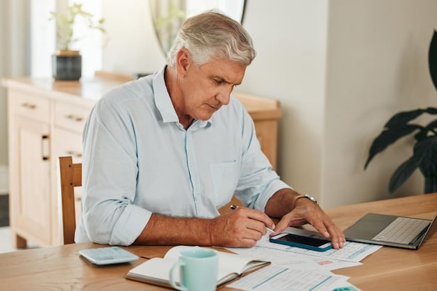 A man sitting at a desk, reviewing documents related to his retirement plan. He is using a calculator and making notes. The scene suggests careful financial planning and analysis.