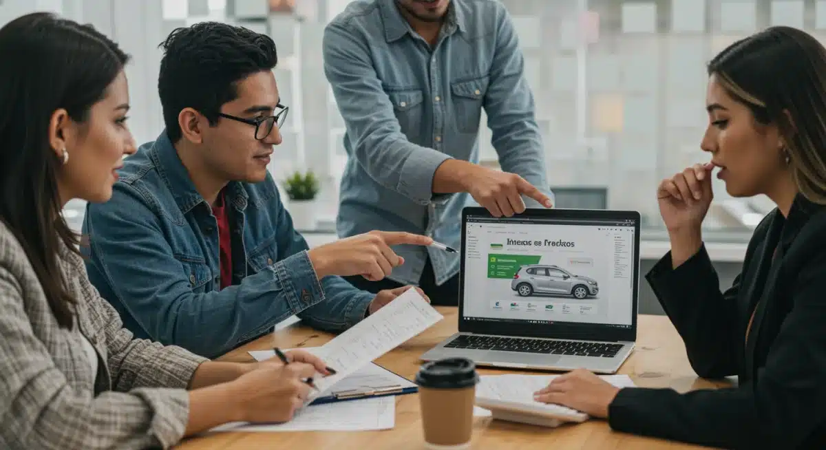 Jóvenes profesionales analizando opciones de financiamiento automotriz y tasas de interés en México.