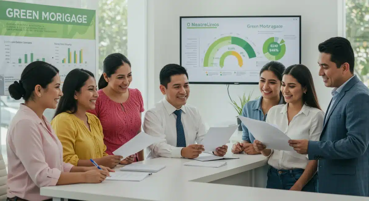Familias mexicanas recibiendo asesoría sobre créditos hipotecarios verdes, mostrando interés en los beneficios financieros.