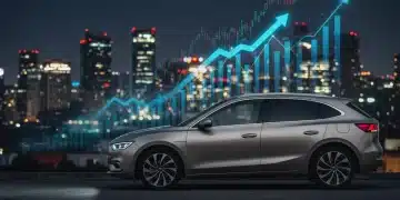 Vehículo moderno en México con gráficos financieros, representando el impacto de las tasas de interés en el financiamiento automotriz de 2025.