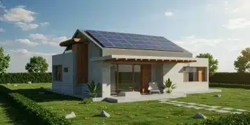 Casa moderna y ecológica con paneles solares, rodeada de vegetación en un entorno mexicano, simbolizando la vivienda sostenible.