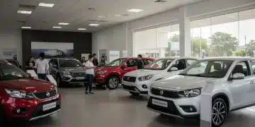 Concesionario de autos moderno en México con clientes explorando opciones de financiamiento automotriz.