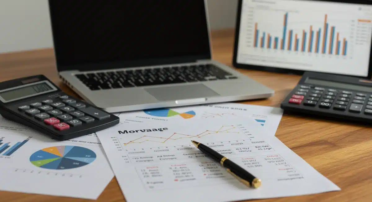 Escritorio organizado con documentos financieros, laptop, calculadora y pluma, representando la preparación para un crédito hipotecario.