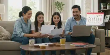 Familia mexicana feliz revisando documentos de refinanciamiento hipotecario en 2025