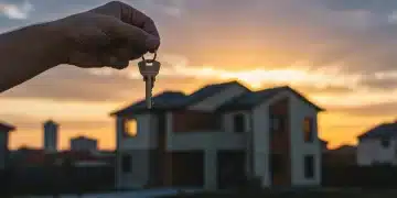 Persona sosteniendo llaves de casa nueva, con un fondo de ciudad al atardecer, simbolizando la adquisición de vivienda.