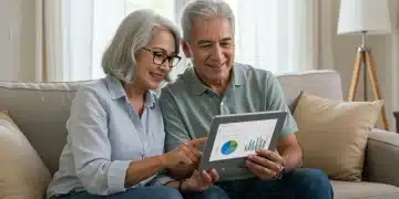 Pareja mexicana sonriendo mientras revisa su plan de ahorro para el retiro en una tableta, simbolizando seguridad financiera y planificación inteligente.