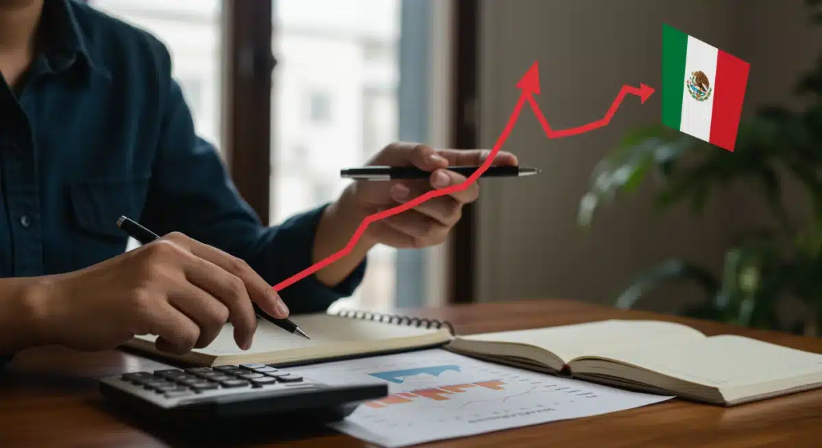 Persona analizando gráfico de inflación con calculadora y libreta, planificando finanzas en México.