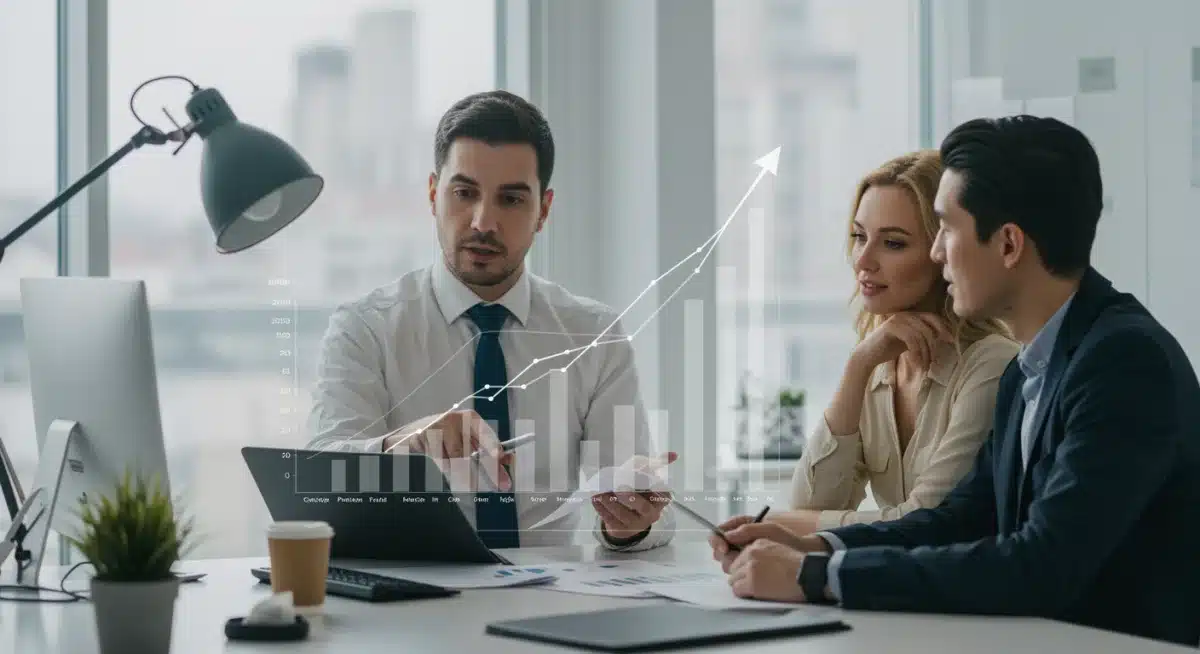 Asesor financiero explicando el rendimiento de una Afore a una pareja en una oficina moderna, con gráficos de crecimiento.