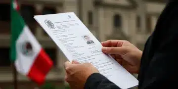 Manos sosteniendo documentos oficiales de programas sociales en México, con un fondo borroso de símbolos nacionales.