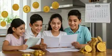 Familia mexicana sonriendo mientras revisa documentos financieros, representando el impacto positivo de programas sociales en su economía familiar hacia 2025.