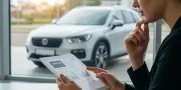 Persona analizando su historial crediticio con un auto nuevo de fondo, representando el impacto en el financiamiento automotriz.