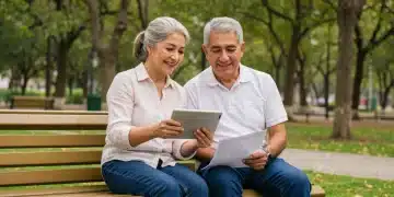 Retiro Digno México: Pensión del 80% Salario Activo 2025 Pareja mexicana sonriente planeando su retiro digno con documentos financieros en un parque