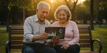 Pareja de adultos mayores revisando su estado de cuenta Afore en una tablet, con una expresión de tranquilidad y seguridad financiera en un parque al atardecer.