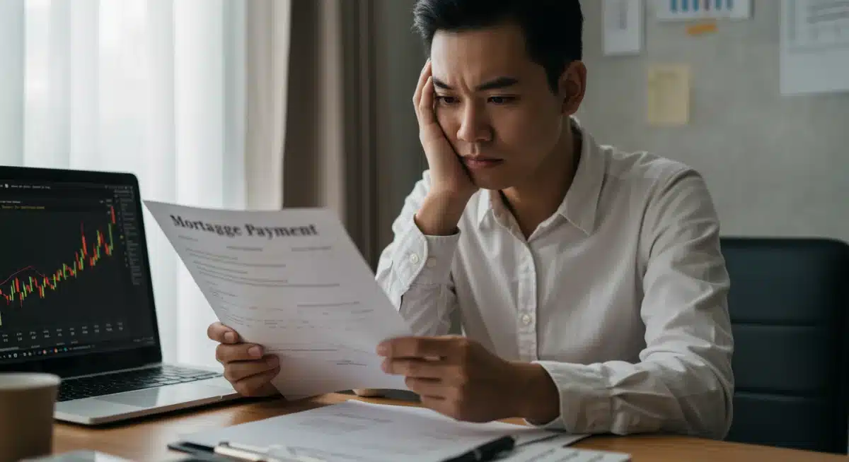 Persona preocupada examinando un estado de cuenta financiero, con laptop mostrando gráficas económicas, simbolizando el impacto de la inflación.