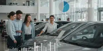 Personas felices en agencia de autos evaluando opciones de financiamiento automotriz para 2025 en México.