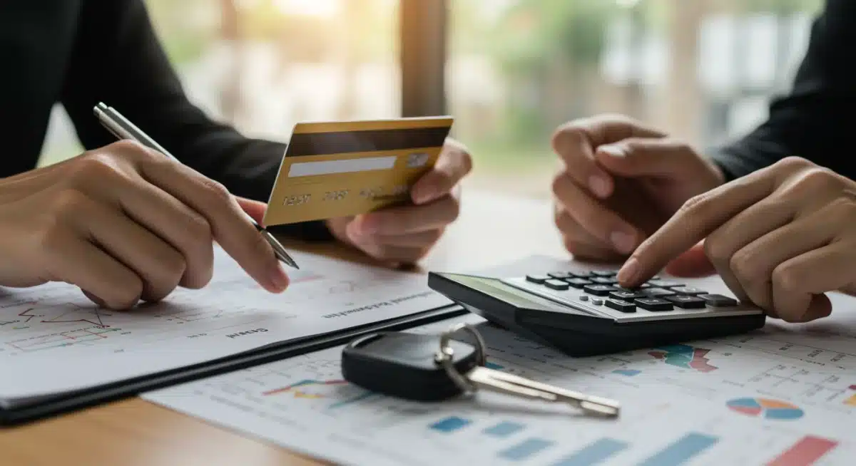 Mano sosteniendo tarjeta de crédito y calculadora, simbolizando la planificación financiera para un auto.