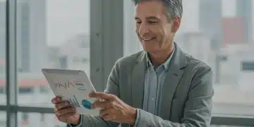 Hombre sonriente revisando proyecciones financieras en una tablet, simbolizando planificación de Afore y beneficios fiscales.
