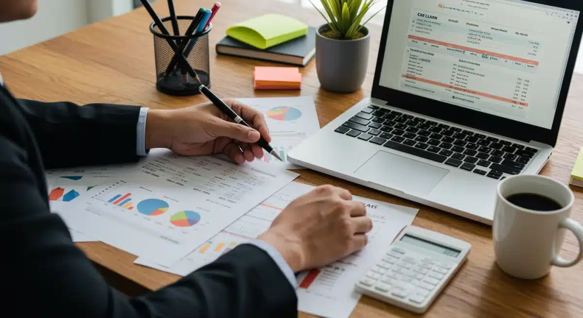 Hombre revisando documentos de crédito y comparando opciones de financiamiento automotriz.