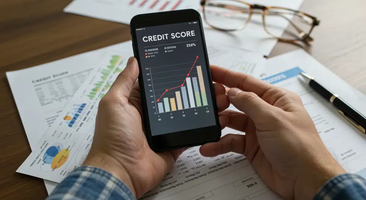 Mano sosteniendo un smartphone con puntaje de crédito y documentos financieros