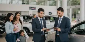 CONDUSEF 2026: Impacto en tu crédito automotriz en México Familia mexicana en agencia automotriz discutiendo opciones de crédito con un asesor.