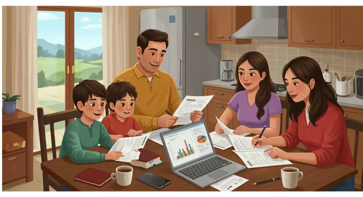 Familia mexicana revisando documentos financieros y gráficos de hipoteca en su hogar, planificando su futuro económico.