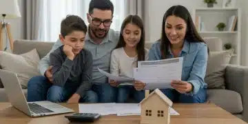 Familia mexicana feliz revisando documentos de refinanciamiento hipotecario en 2026