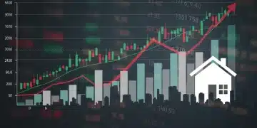 Gráfico de inflación y tasas de interés superpuesto sobre un horizonte urbano de México, representando el impacto económico en créditos hipotecarios.
