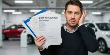 Persona frustrada con solicitud de financiamiento automotriz rechazada en México 2026.