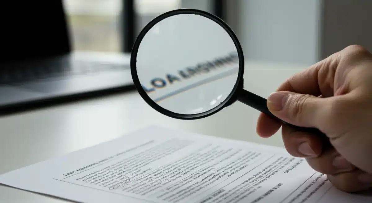 Detalle de lupa sobre contrato de crédito automotriz, simbolizando la revisión de condiciones.