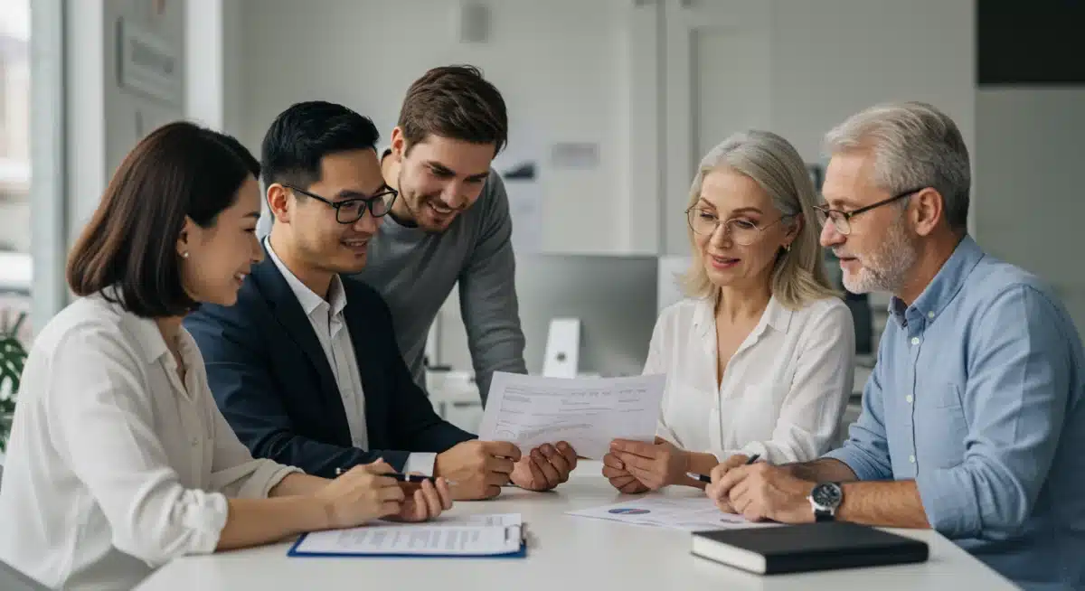 Personas revisando documentos de crédito automotriz con un asesor financiero en México.