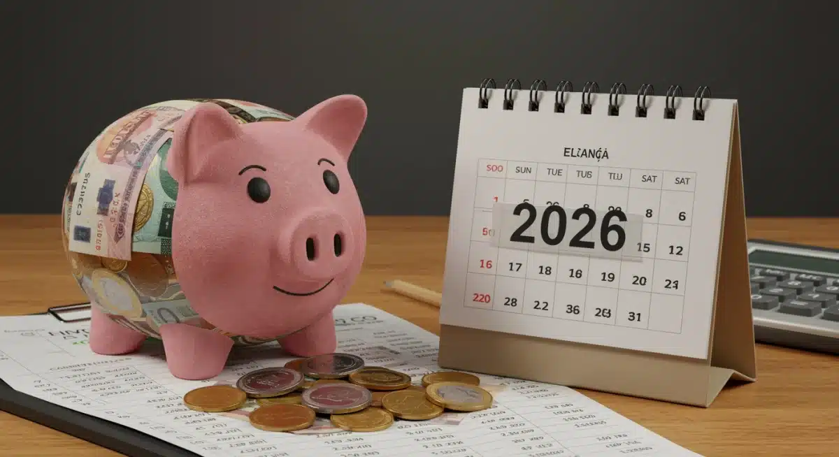 Alcancía mexicana llena de dinero con calendario 2026, simbolizando ahorro para el retiro.