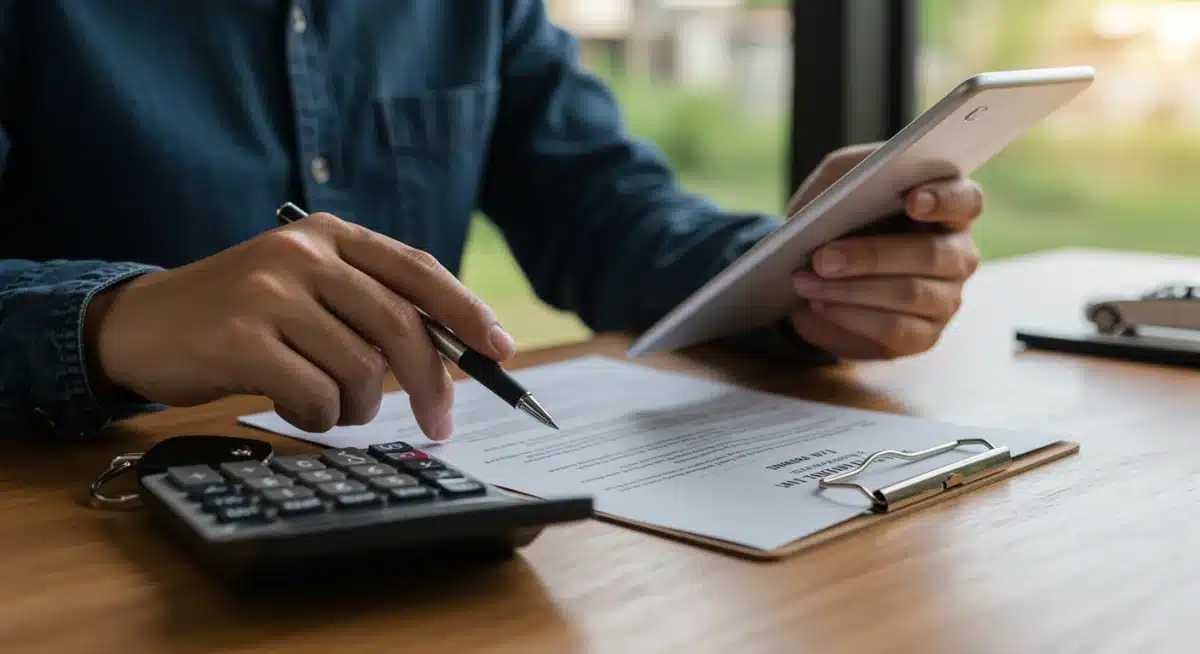 Persona analizando un estado de cuenta de crédito automotriz con calculadora y llaves de auto, destacando la revisión de las condiciones del préstamo a 60 meses.