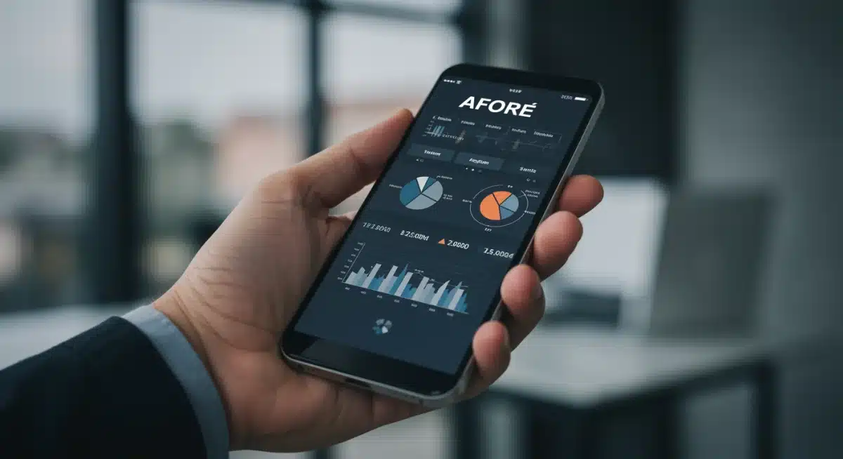 Mano sosteniendo un smartphone mostrando una aplicación financiera con comparativa de AFORE y métricas de rendimiento.
