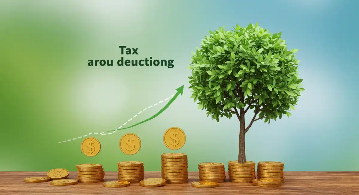 Gráfica de árbol de dinero creciendo con monedas, simbolizando el beneficio de las deducciones fiscales en el ahorro para el retiro