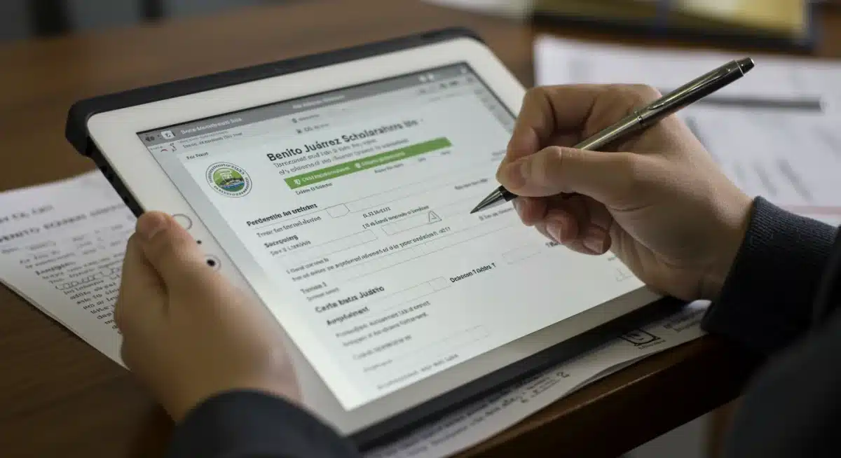 Joven estudiante mexicano completando el formulario de inscripción en línea para las Becas Benito Juárez 2026 en una tableta.