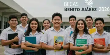 Estudiantes de nivel medio superior en México, alegres y diversos, representando el impacto de las Becas Benito Juárez 2026.